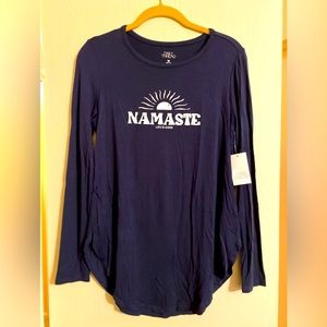 (NWT) DAILY THREAD “Namaste” navy blue, long sleeve tee. Size S, but fits a M.